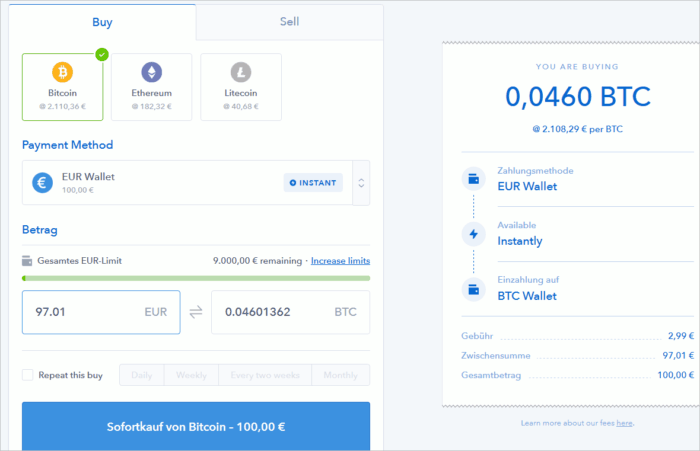 Kauf von Kryptogeld auf Coinbase mit dem Euro-Guthaben