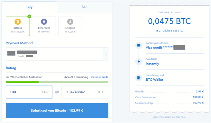 Kauf von Bitcoin, Litecoin oder Ethereum mit Kreditkarte auf Coinbase.com