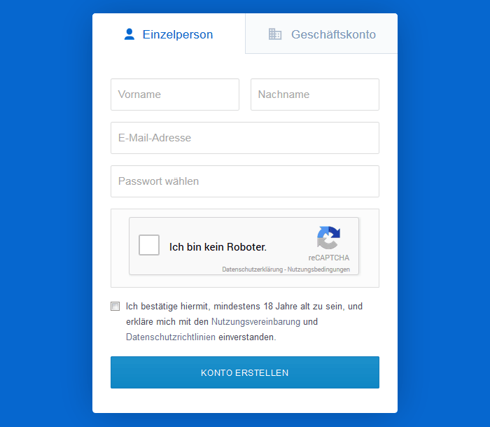 Coinbase: das Registrierungsformular