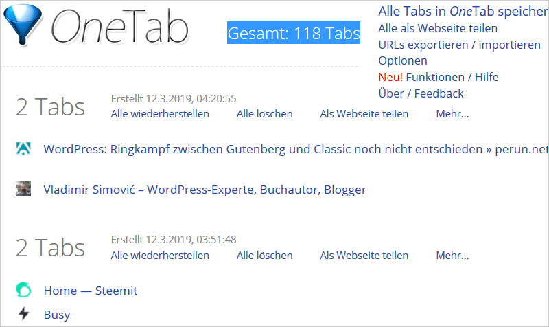 OneTab: pffiges Browser-Addon um Übersicht zu behalten